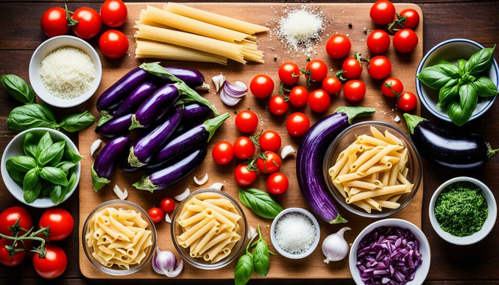 Zutaten für Pasta Penne mit Auberginen